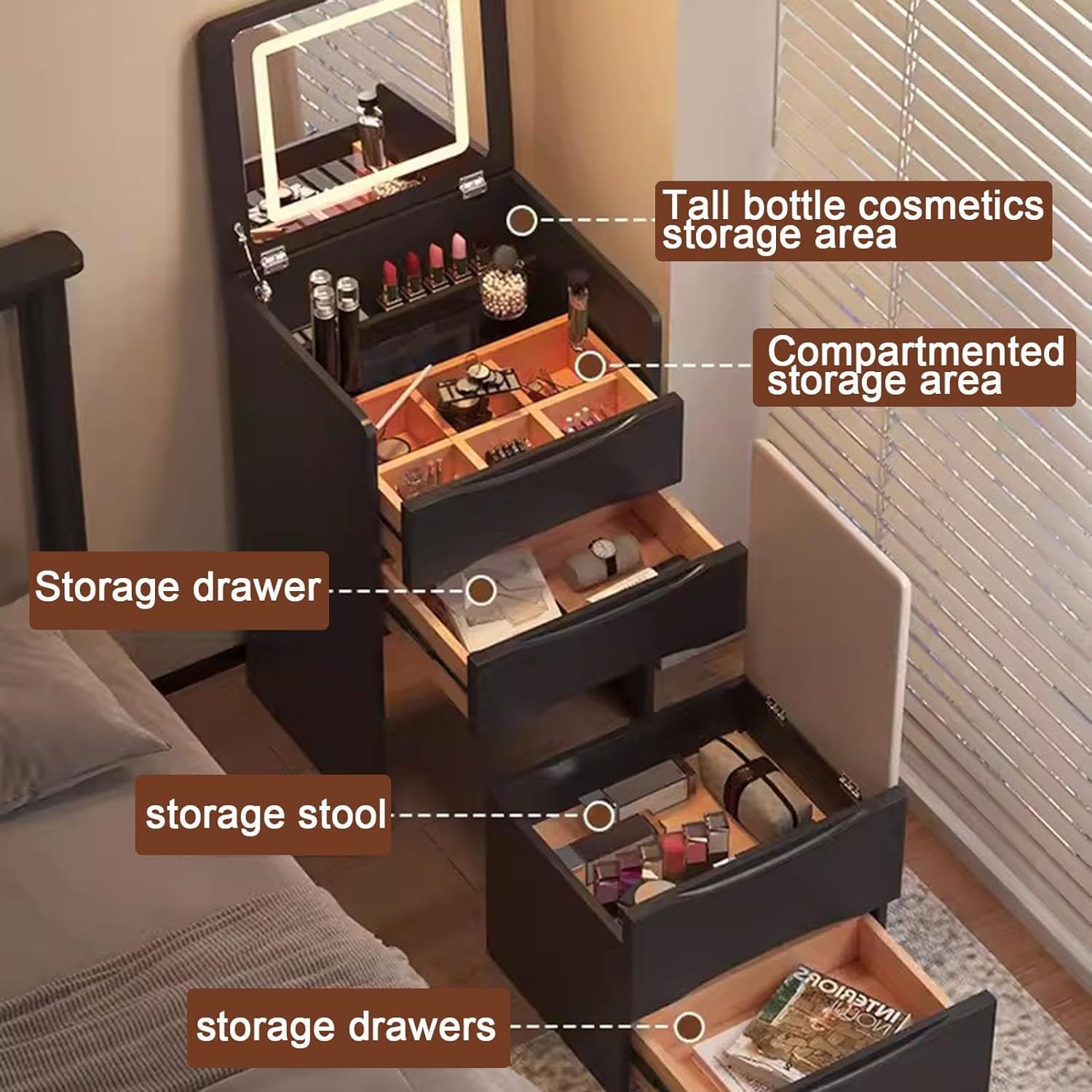 3-i-1 Sminkbord med spegel, pall & förvaring – Glasbordsskiva & kompakt design